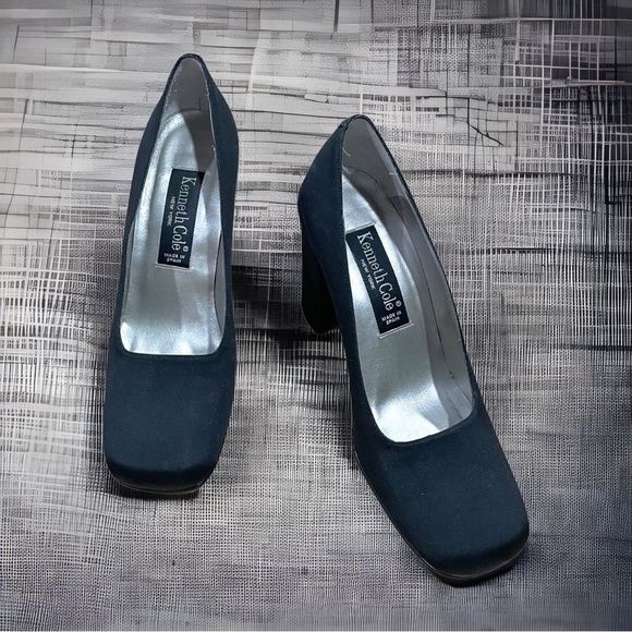 KENNETH COLE Black Silk Square Toe 4” Drum Heels Pumps Leather Insoles Sz 7 1/2 - Picture 4 of 6